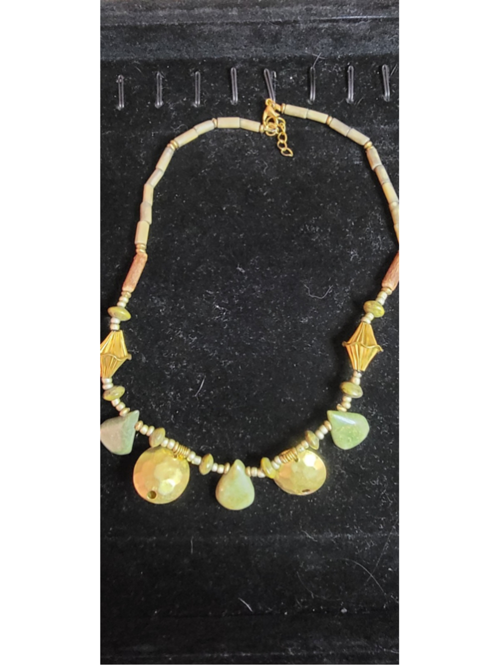 Boho Green Stone Necklace Gold Bead Dangle Statement Artisan Style Chunky Neckla - Picture 11 of 11